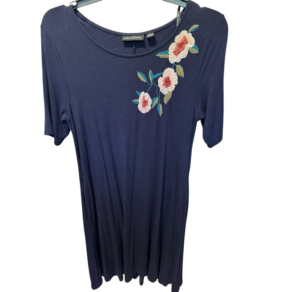Nina Leonard Women Navy Stretch Soft Dress Embroidered Flowers Size Small EUC